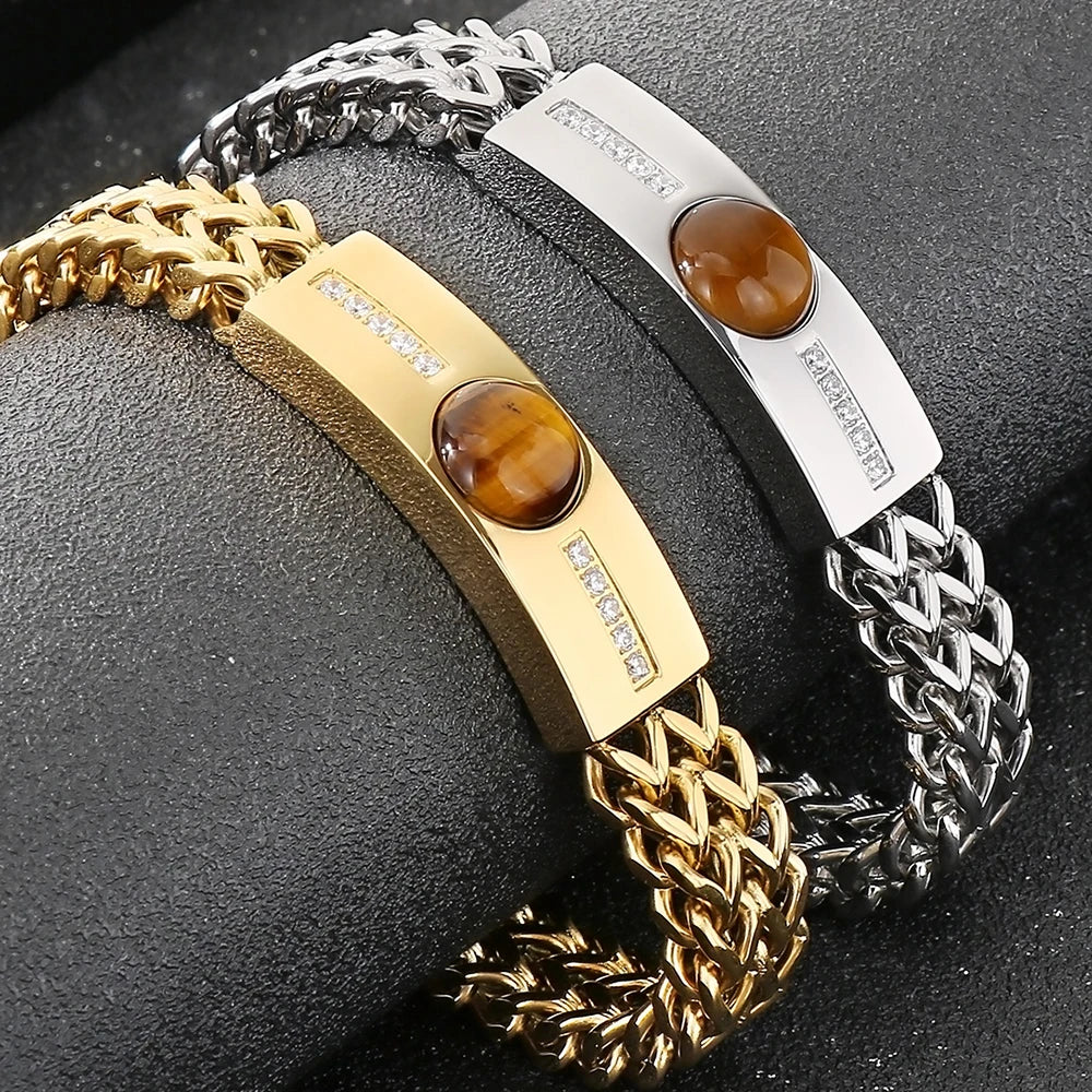 Classic Men's Bracelet With Tiger Eye Stone 12MM Width Gold Color Stainless Steel Link Chain Bracelets for Man Jewelry