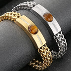 Classic Men's Bracelet With Tiger Eye Stone 12MM Width Gold Color Stainless Steel Link Chain Bracelets for Man Jewelry