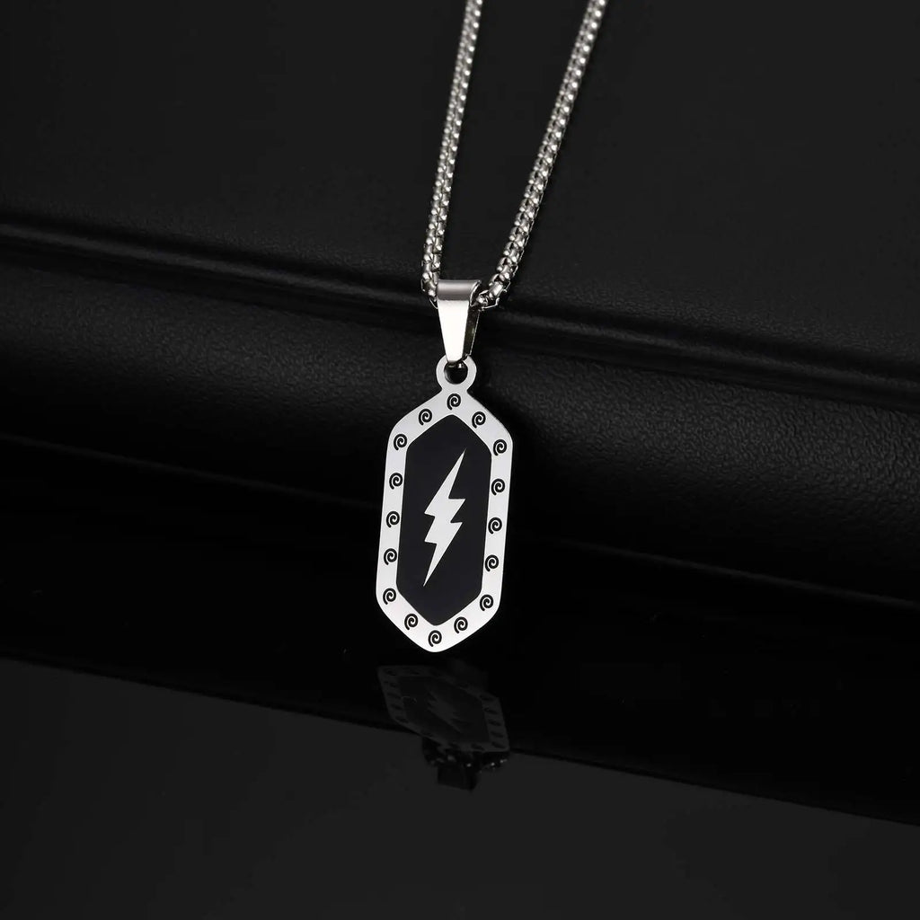 Stylish Lightning Pattern Necklace for Men,Black Enamel Hexagonal Stainless Steel Pendant,Punk Jewelry Gift for Him