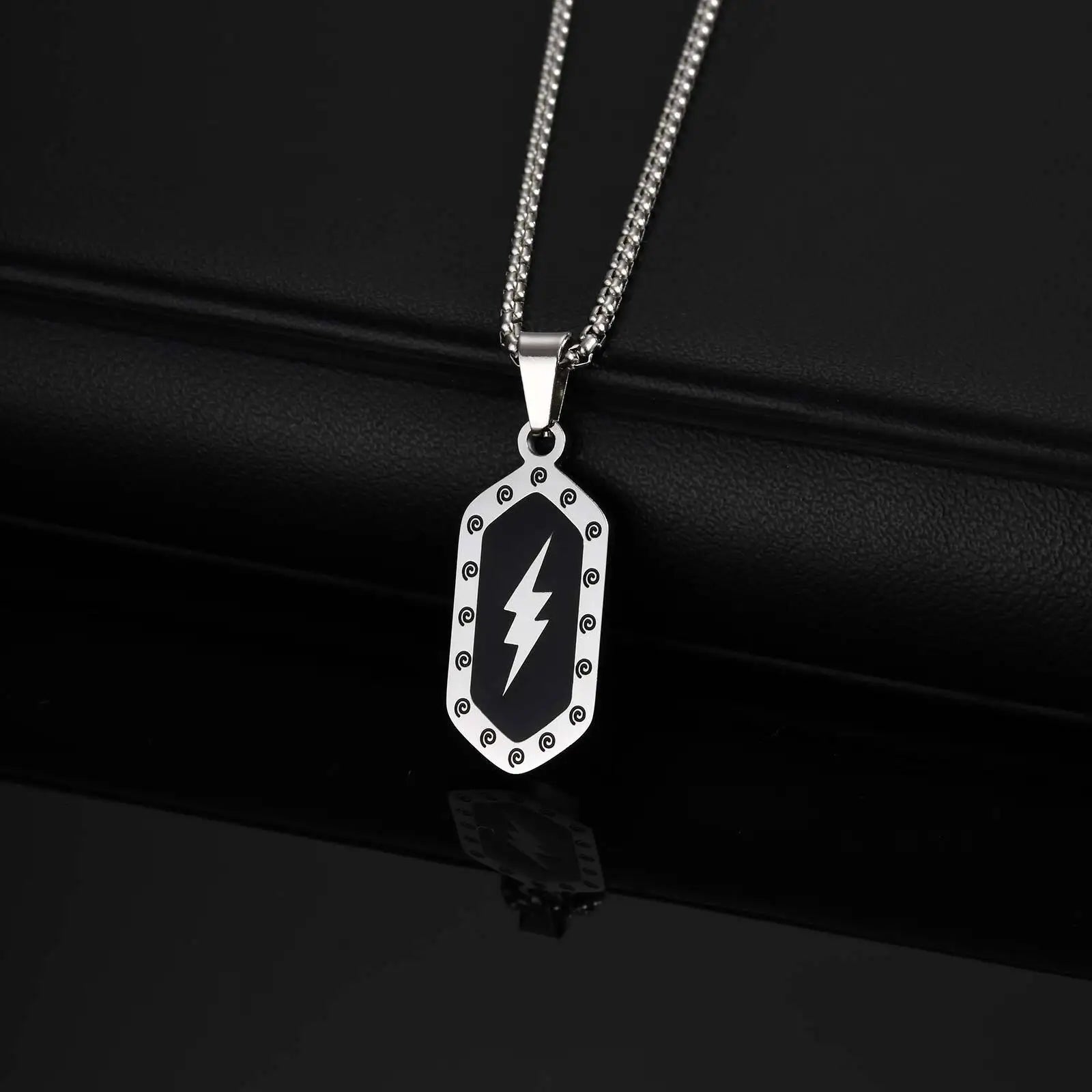 Stylish Lightning Pattern Necklace for Men,Black Enamel Hexagonal Stainless Steel Pendant,Punk Jewelry Gift for Him