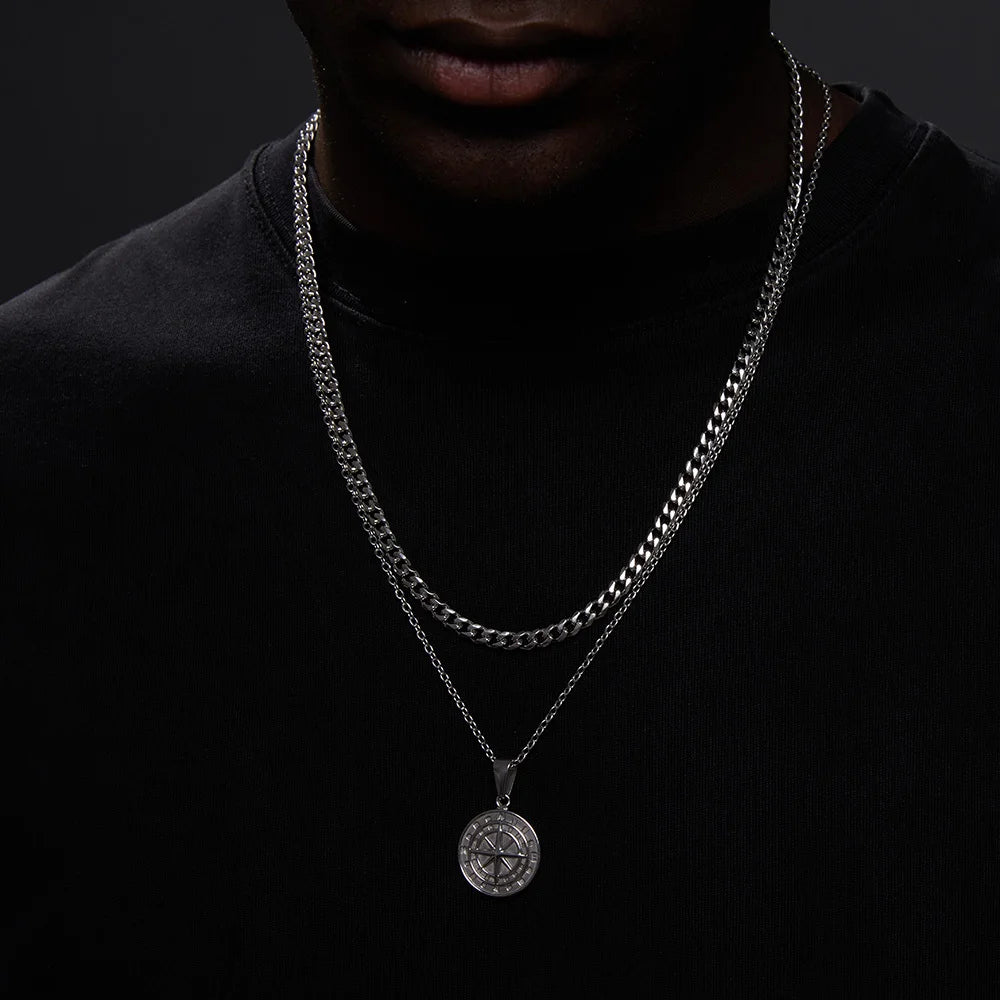 Layered Compass Cuban Figaro Necklace — Stainless Steel