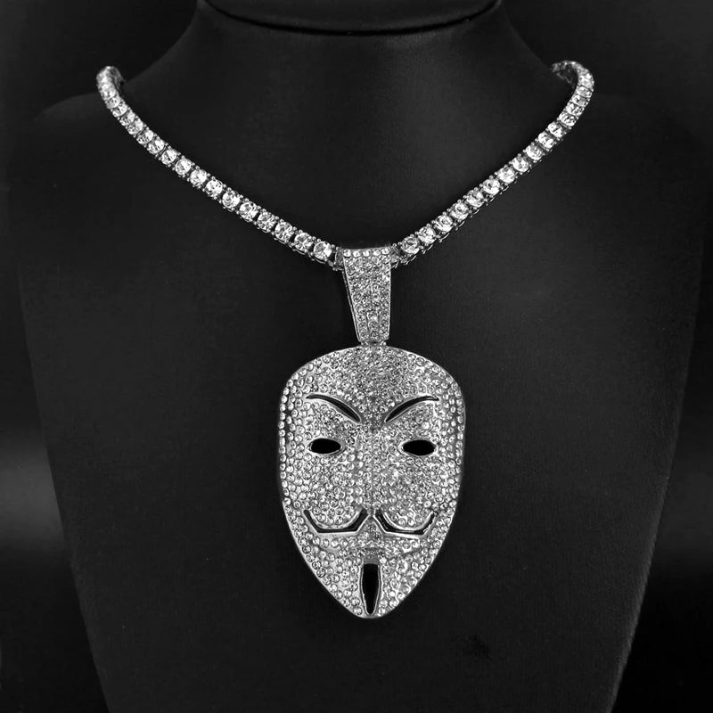 Men Women Hip Hop Large Rhinestone Mask Pendant Necklace With Twist Rope 4mm Tennis Chain HipHop Necklaces Fashion Jewelry Gift