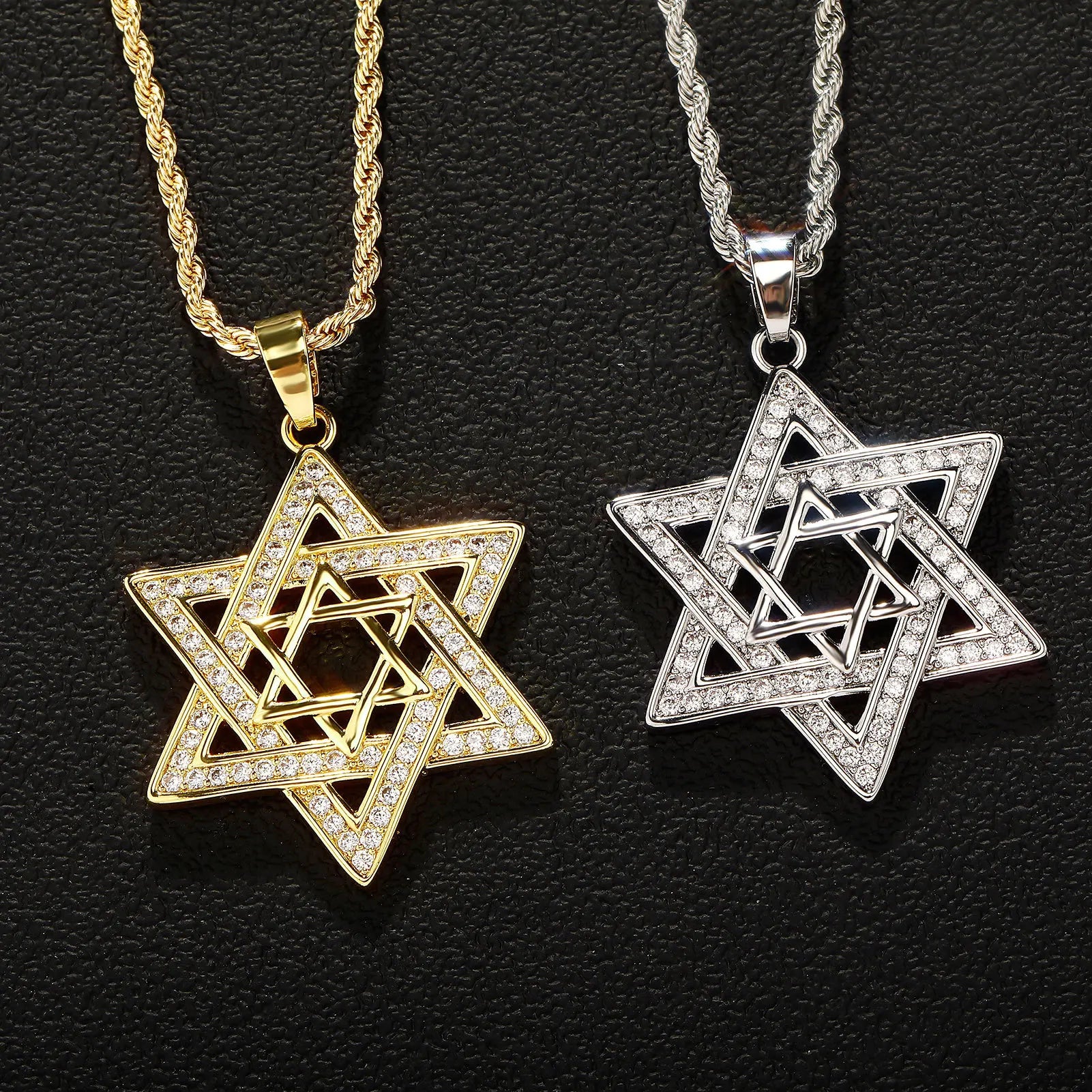 Gold Iced Out Hexagon Pendant Rope Chain Necklace