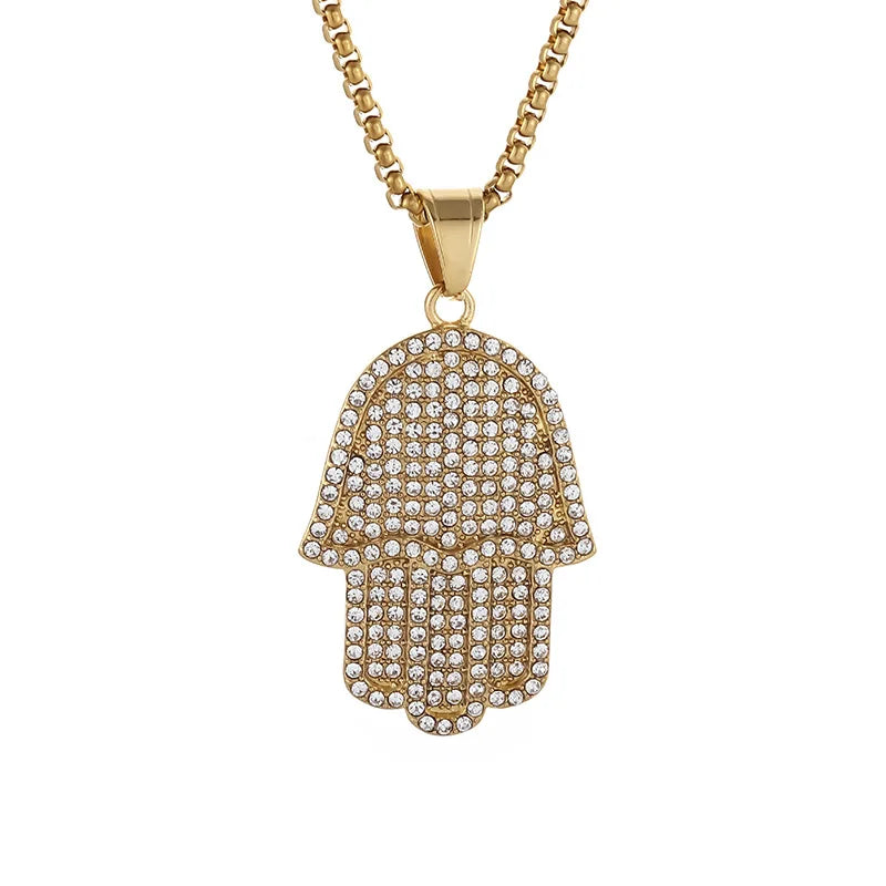 Hip Hop Bling Iced Out Stainless Steel Fatima Hand Pendants Necklace for Men Rapper Jewerly Gold Silver Color