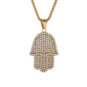 Iced Out Hamsa Fatima Hand Pendant Necklace Gold