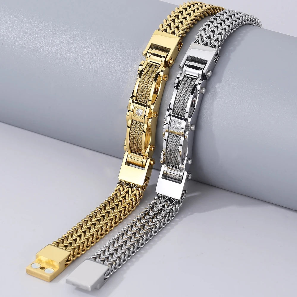 Stainless Steel Bracelet for Men 12MM Width Square Franco Link Chain Men's Bracelets With CZ & Magnet Clasp Gold Color
