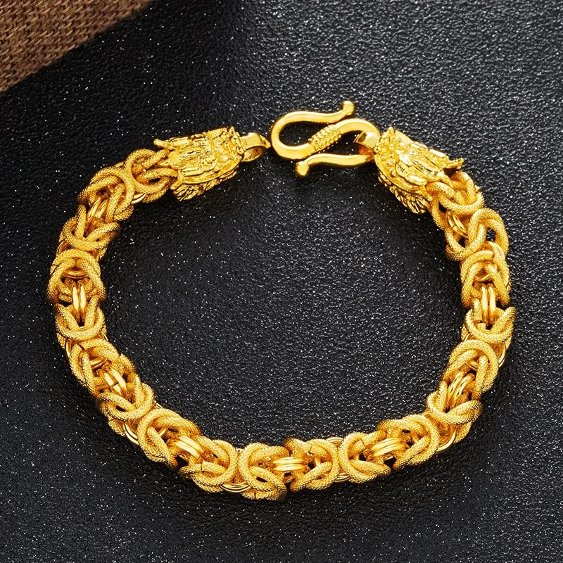 hollowed-out men's bracelet, double dragon head men's bracelet, gold jewelry