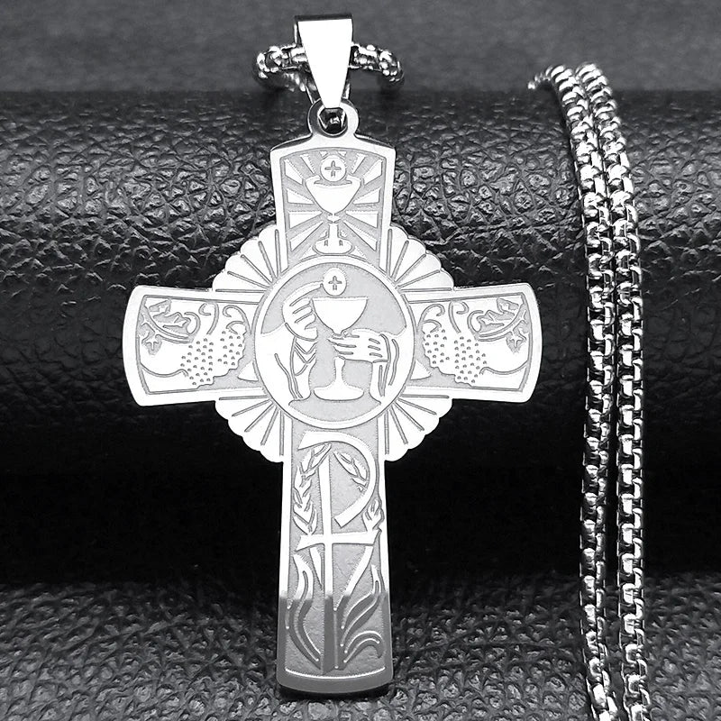 Christian Christ Eucharist Halo Grape Juice Cross Necklace Stainless Steel Men Women Catholic Holy Spirit Church Chain