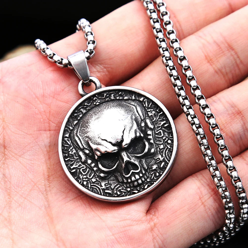 Double-Sided Skull Coin Pendant Necklace — Stainless