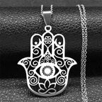 Hamsa Hand Muslims Judaism Hollow Necklace for Women Hand of Fatima Lotus Flower Stainless Steel Necklaces Jewelry Gift