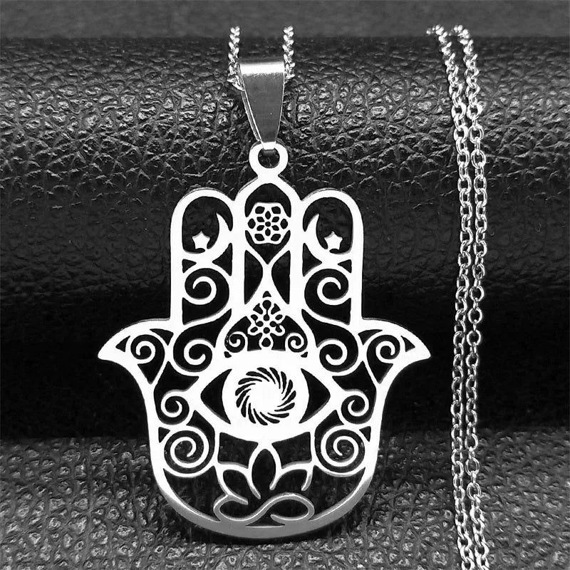 Hamsa Hand Muslims Judaism Hollow Necklace for Women Hand of Fatima Lotus Flower Stainless Steel Necklaces Jewelry Gift