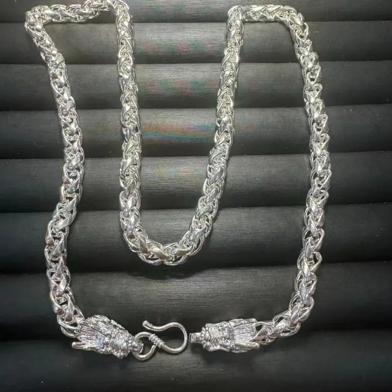 Double Dragon Head Silver Pendant Necklace