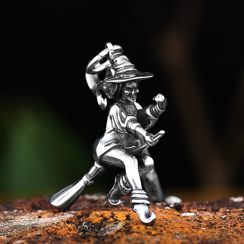 Movie 316L Stainless Steel Witch On Broomstick Halloween Charm Pendants For Jewelry Making Magician Pendants Charm