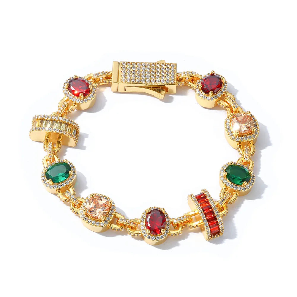 Gold Iced Out Chain Necklace Ruby Emerald 18K