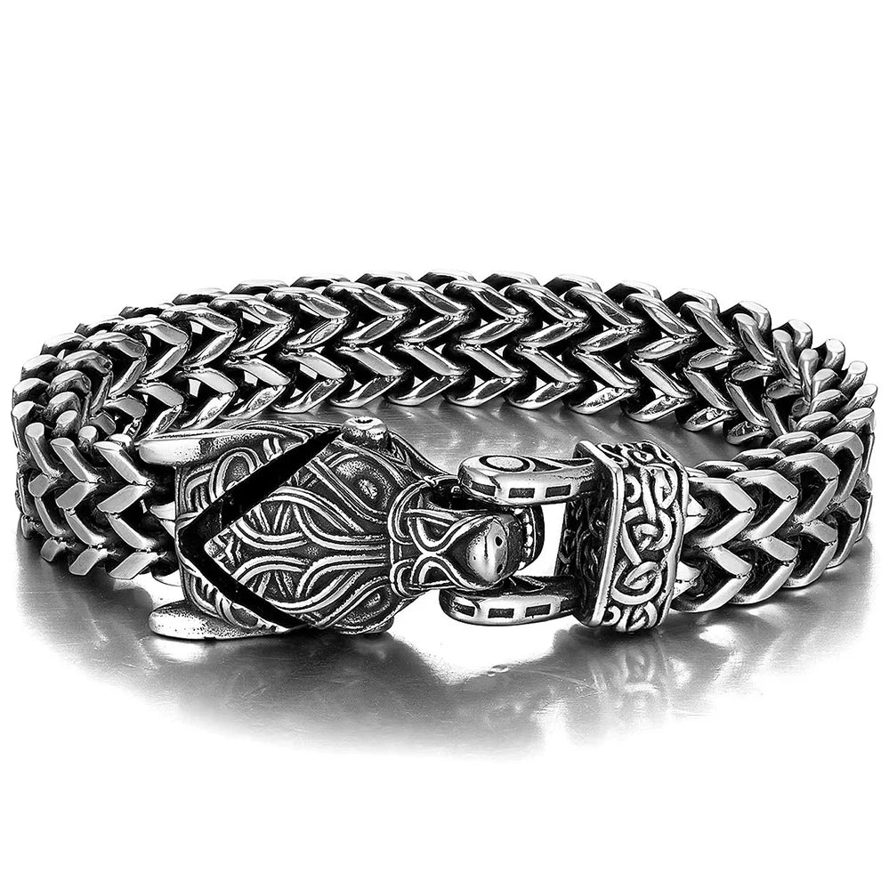 Norse Viking Wolf Bracelet for Men Stainless Steel 12MM Mesh Link Chain Open Wolf Mouth Men's Bracelets Nordic Jewelry
