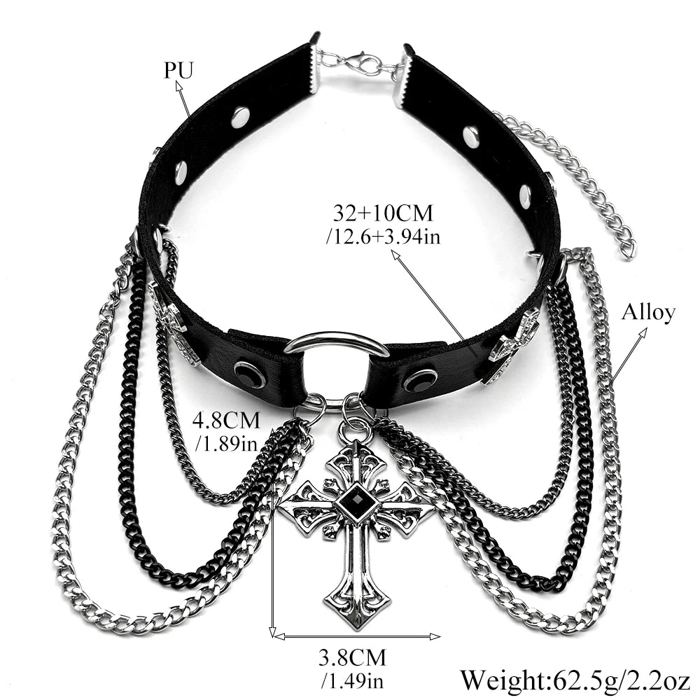 Gothic Cross Leather Choker Necklace — Silver