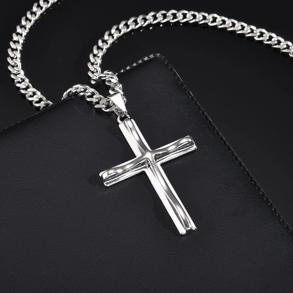 Vnox Mens Big Cross Pendant Necklaces, Religous Faith Jewelry, Two Layers Cross Pendant with Cuban Chain, Punk Hiphop