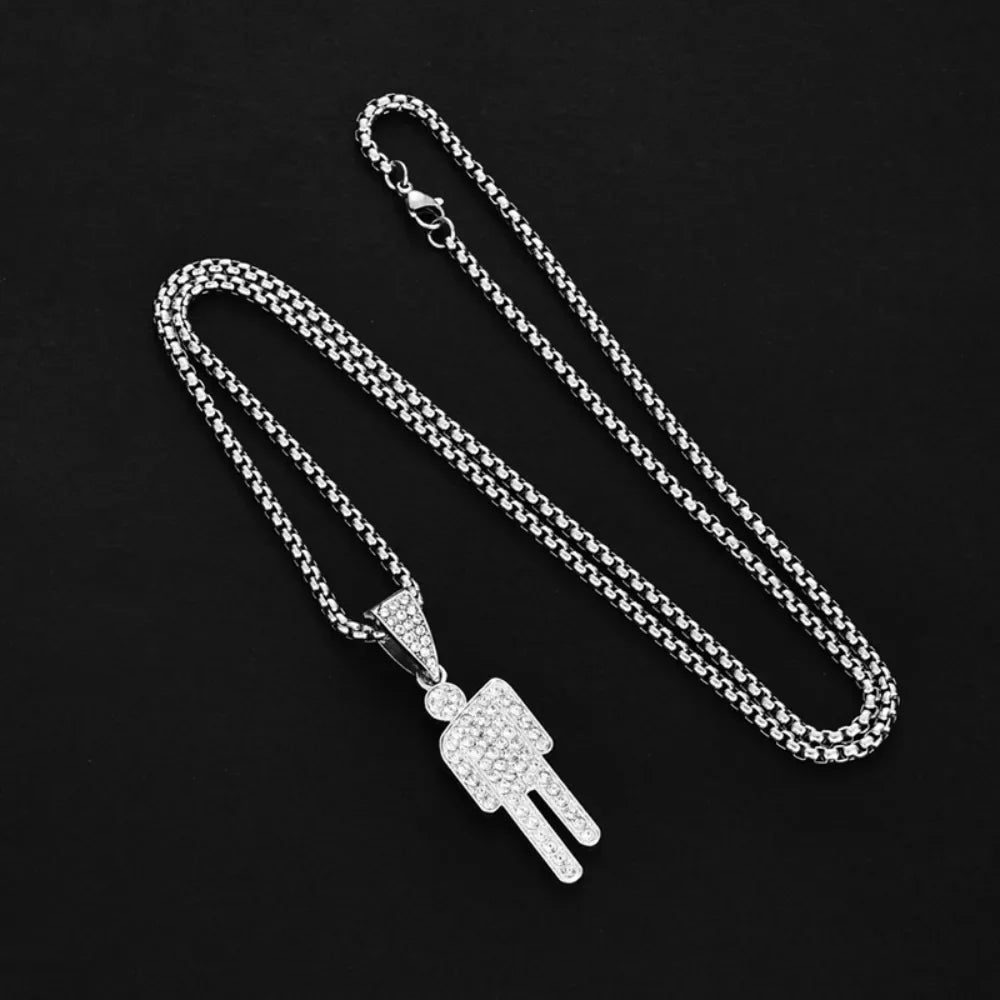 Personality Tilt Head Little Person Stainless Steel Zircon Pendant Necklace for Men Women Hip-hop Punk Collar Accessory