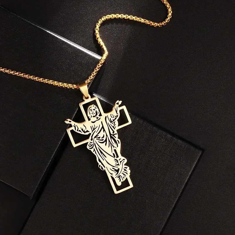 Vintage Christian Jesus Cross Stainless Steel Pendant Little Angel Prayer Necklace Men Women Faith Amulet Jewelry
