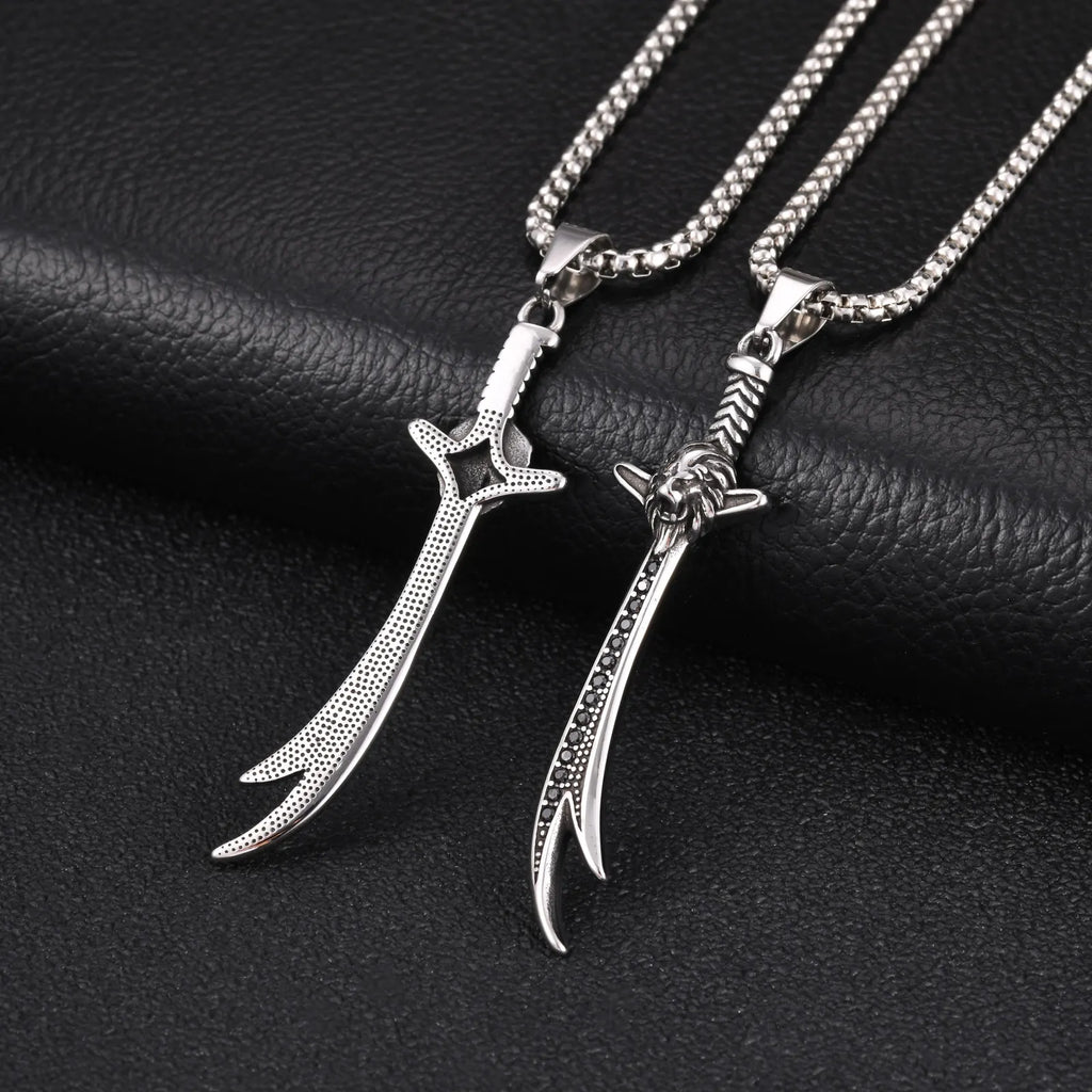 Vnox Mens Stainless Steel Lion Head Scimitar Sword Pendant Necklace, Gothic Black Zircon Box Chain Punk Jewelry Gift for Him