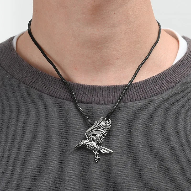 Vintage Nordic Viking Crow Totem Pendant Necklace for Men