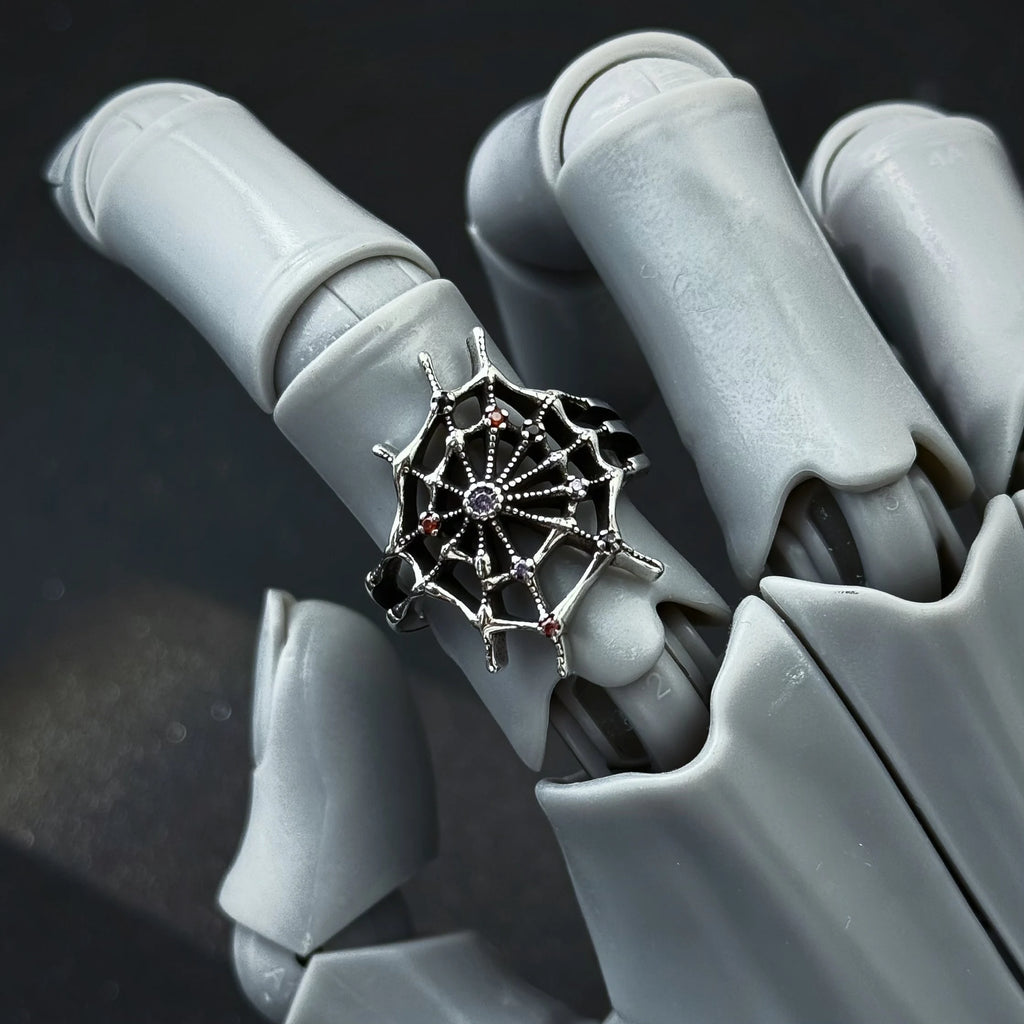 Retro The Spider Web Adjustable Open Ring For Men Punk Gothic Edgy Copper Jewelry Cosplay Holloween Accessories Unisex