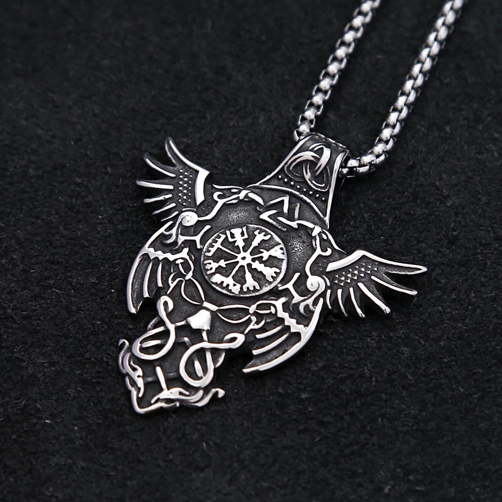 New Vintage Stainless Steel Nordic Odin Crow Pendant Necklace Fashion Viking Compass Necklaces Amulet Jewelry Gifts Dropshipping