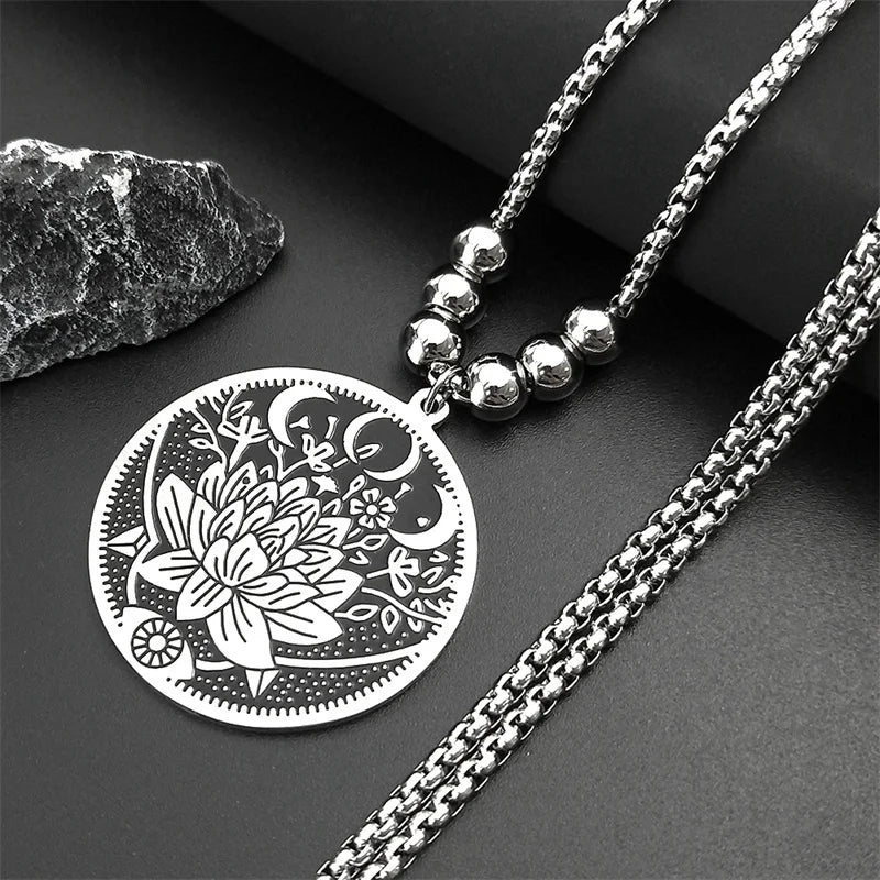 Wicca Lotus Stainless Steel Necklaces Pendants for Men Black Silver Color Moon Eye Long Chain Necklace Jewelry Colgante Hombre