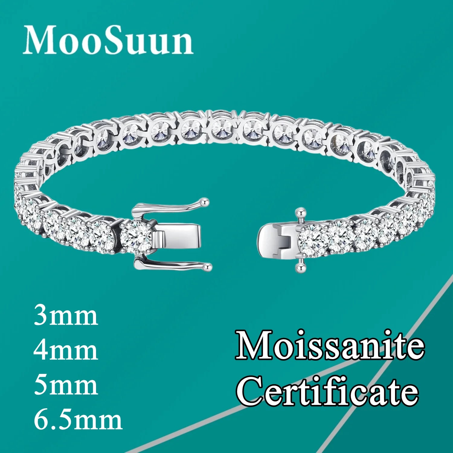 MooSuun 3mm--6.5mm Moissanite Diamond Tennis Bracelet for Women Men Luxury Fine Jewelry Pass Test S925 Sterling Silver