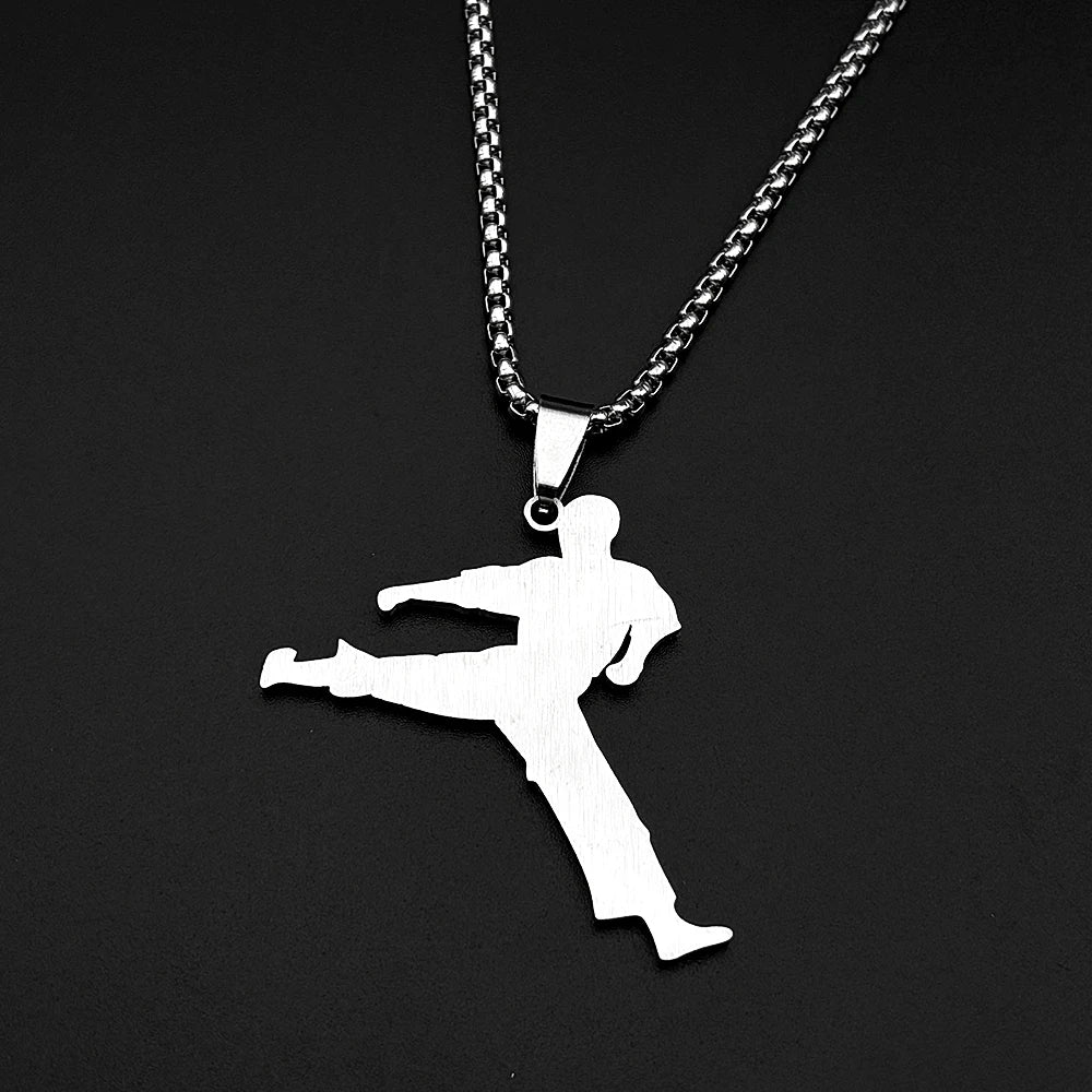 Karate Kick Man Pendant Necklace For Men Stainless Steel Martial Arts Kung Fu Charm Male Chain Jewelry Taekwondo Fighter Gift