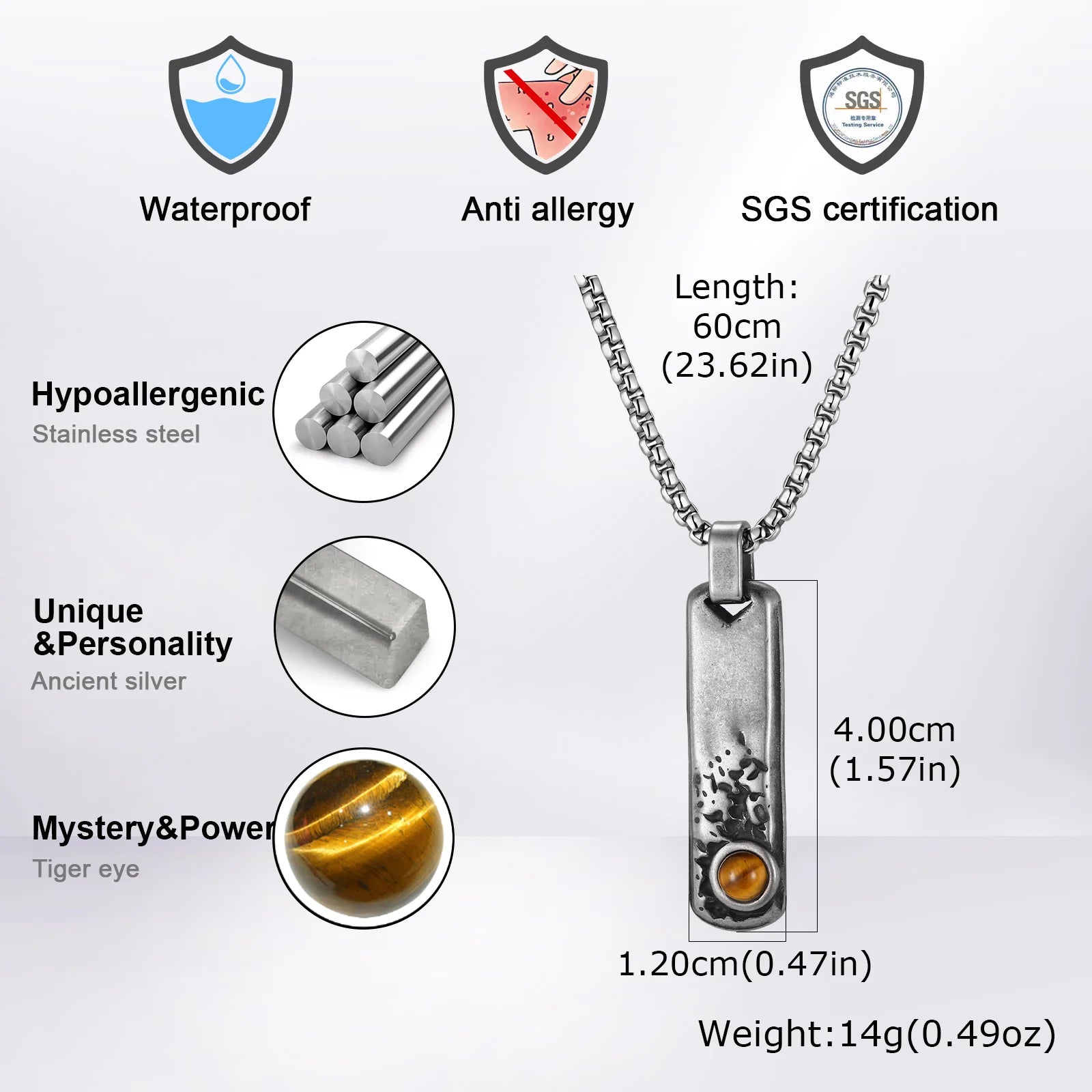 Vintage Men's Natural Stone Rectangle Pendant Necklace,Grey Stainless Steel Thin Bar Necklace,Birthday Party Jewelry