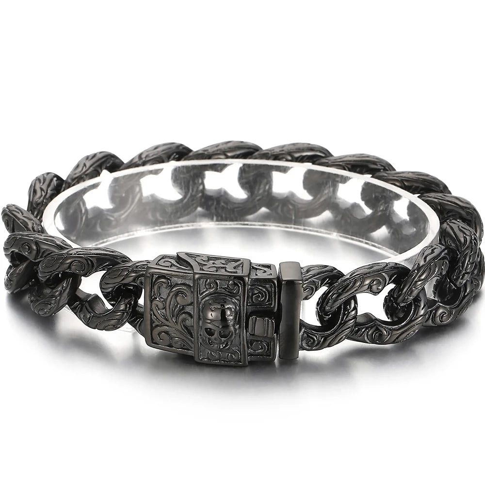 Punk Skull Bracelet For Man In Black Stainless Steel Skeleton Jewelry Men's Wrist Bracelets Rockers' Jewelry