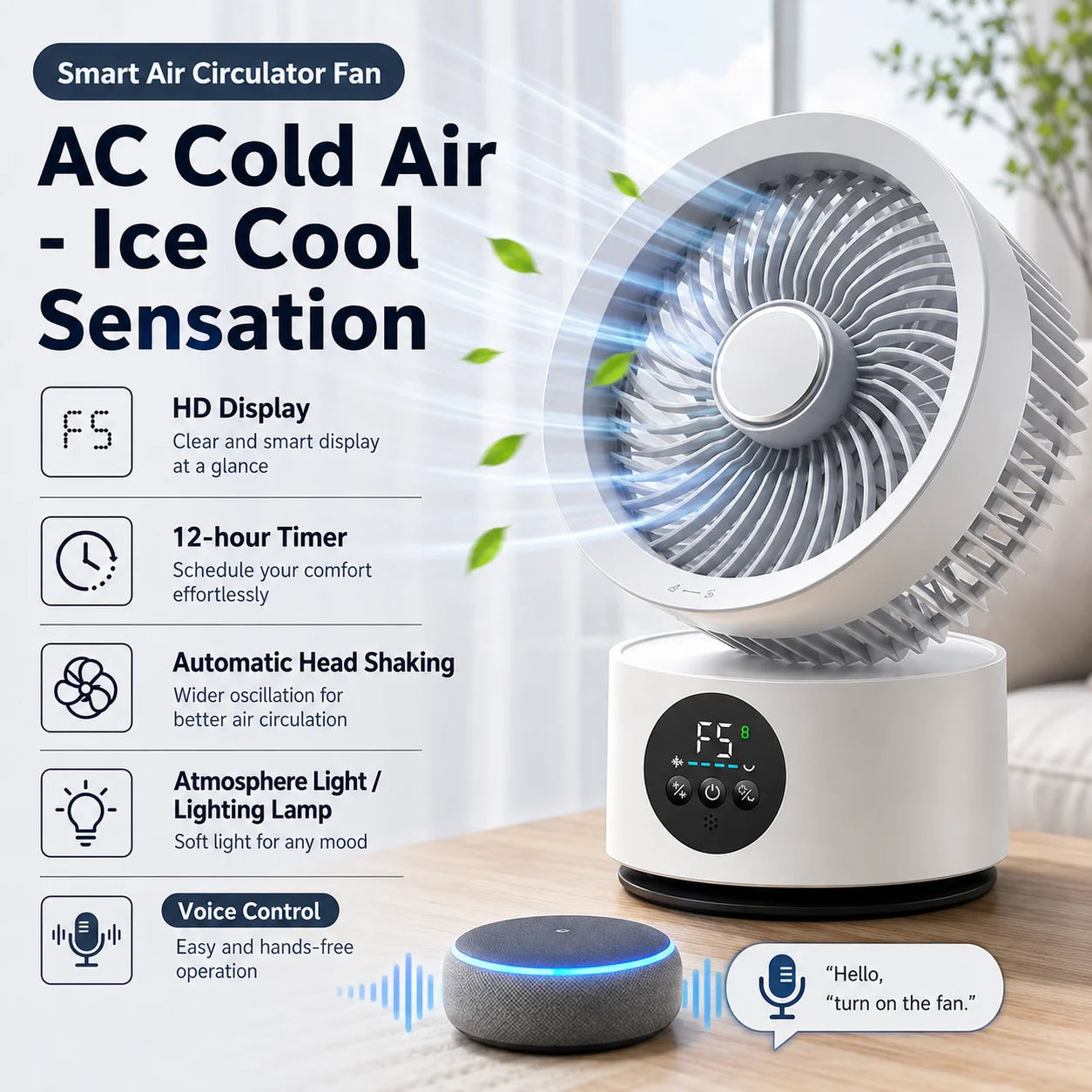 Portable Wall-Hanging Fan With Remote Control Smart Voice Rechargeable USB Household Electric Folding Fan Nightlight