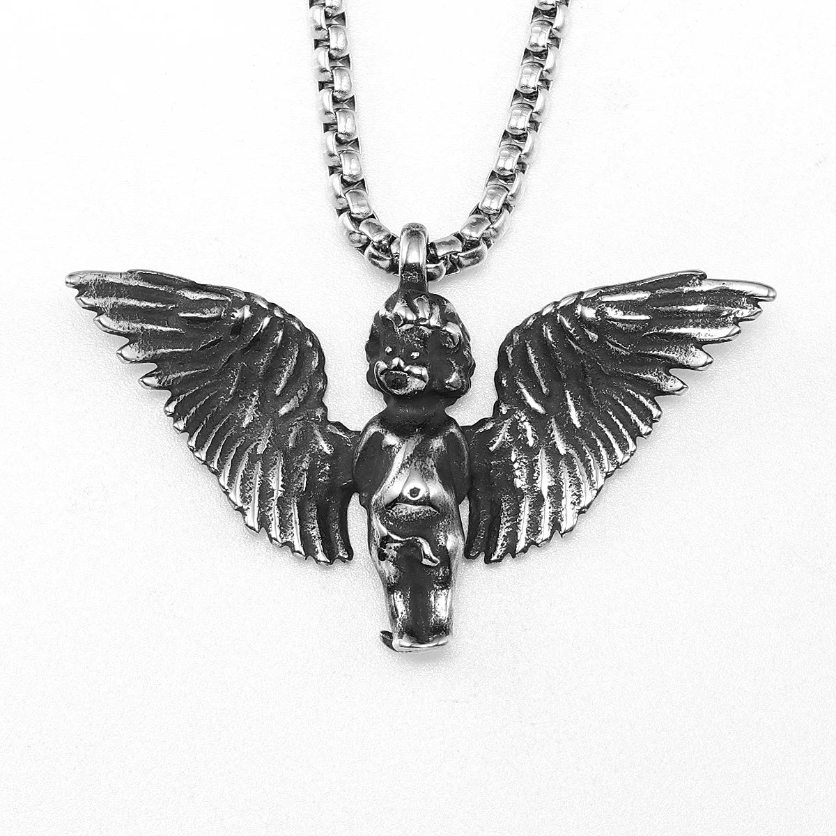 Angel Wings Cherub Pendant Necklace Stainless Steel