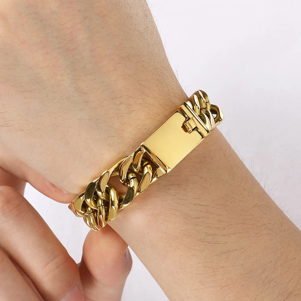12/15MM Width Cuban Link Chain Bracelet For Man Waterproof Black/Gold Color Stainless Steel Bracelets Valentines