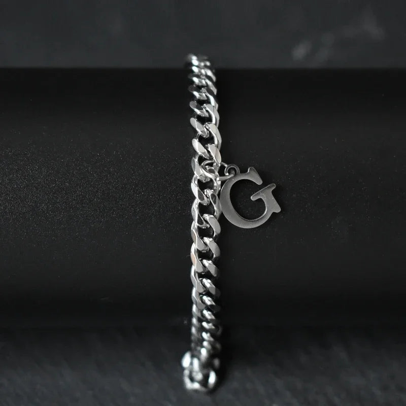 A-Z Initial Letter Cuban Chain Bracelet — Stainless Steel