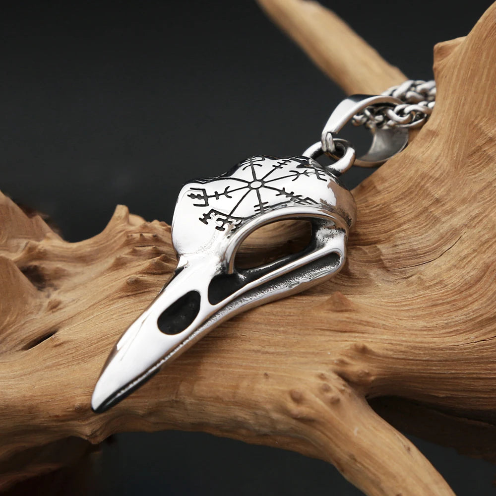 Vintage Fashion Vikings Compass Crow Head Pendant Necklace For Men Stainless Steel Nordic Animal Skull Necklaces Biker