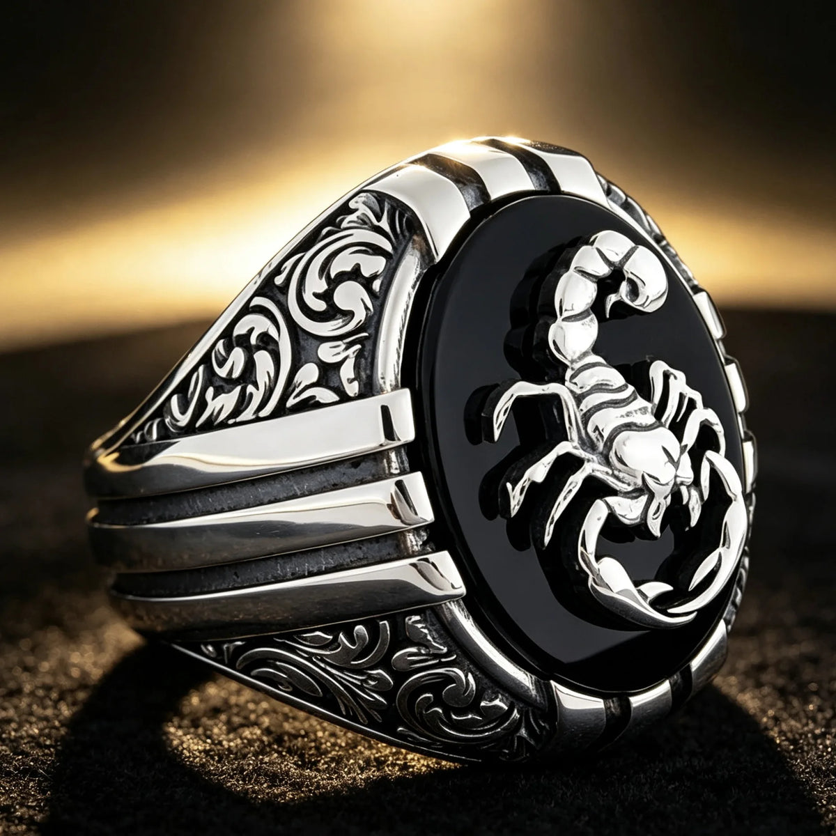 Vintage Scorpion Signet Ring for Men, Carved Black Onyx Inlay Punk Gothic Finger Ring, Scorpio Zodiac Statement Jewelry