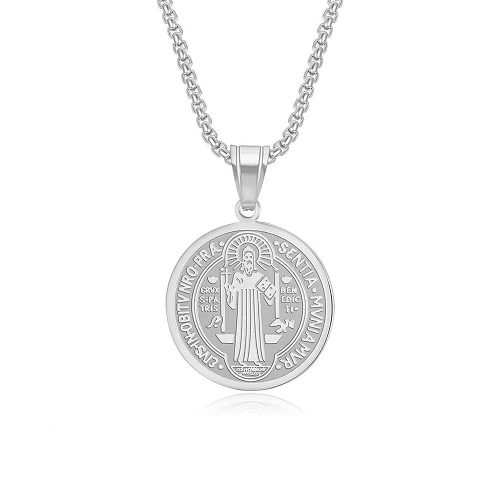 Catholic 316L Stainless Steel Saint Benedict Cross Pendant Necklaces For Men Women Religious Exorcism Prayer Jewelry
