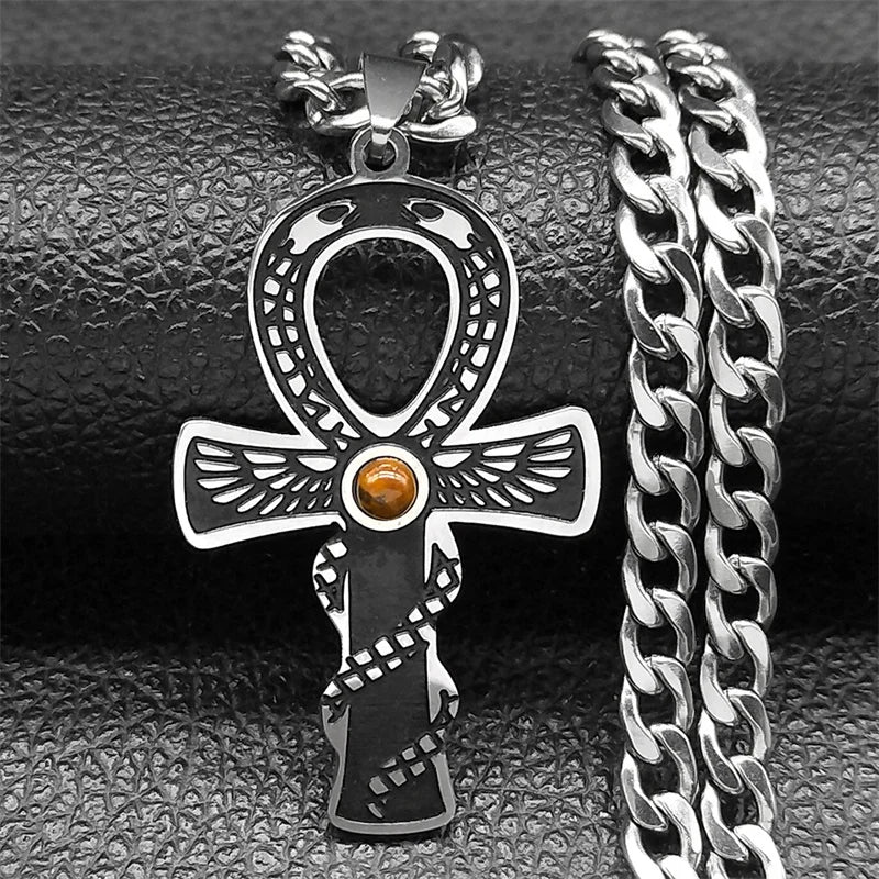 Cross Ankh Silver Pendant Retro Tiger Eye Stone