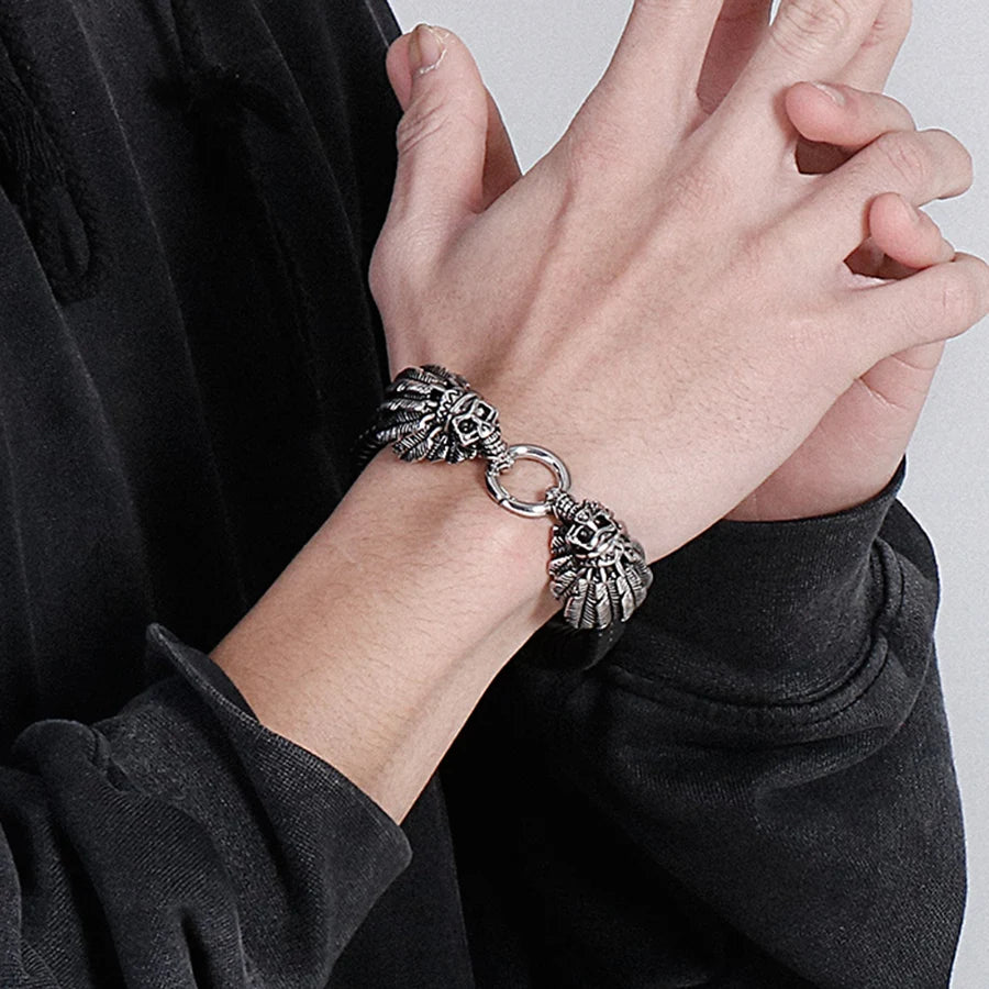 Gothic Punk Style Double Skull Head Bracelet for Men Retro Stainless Steel & Braided Leather Men's Bracelets Jewelry