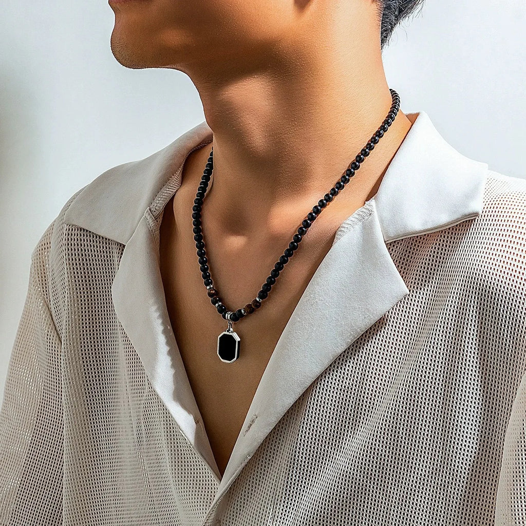Black Beads with Square Pendant Necklace for Men Trendy Accessories on The Neck Collar 2025 Fashion Jewelry Male
