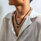 Black Beads with Square Pendant Necklace for Men Trendy Accessories on The Neck Collar 2025 Fashion Jewelry Male