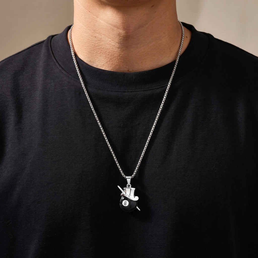 Lucky 8 Ball Pendant Necklace — Black Stainless Steel