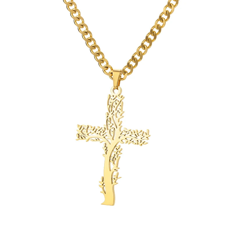 Stainless Steel Tree of Life Cross Necklaces for Women Gold Color Chain Necklace Aesthetic Collar Jewelry Accessories Gift