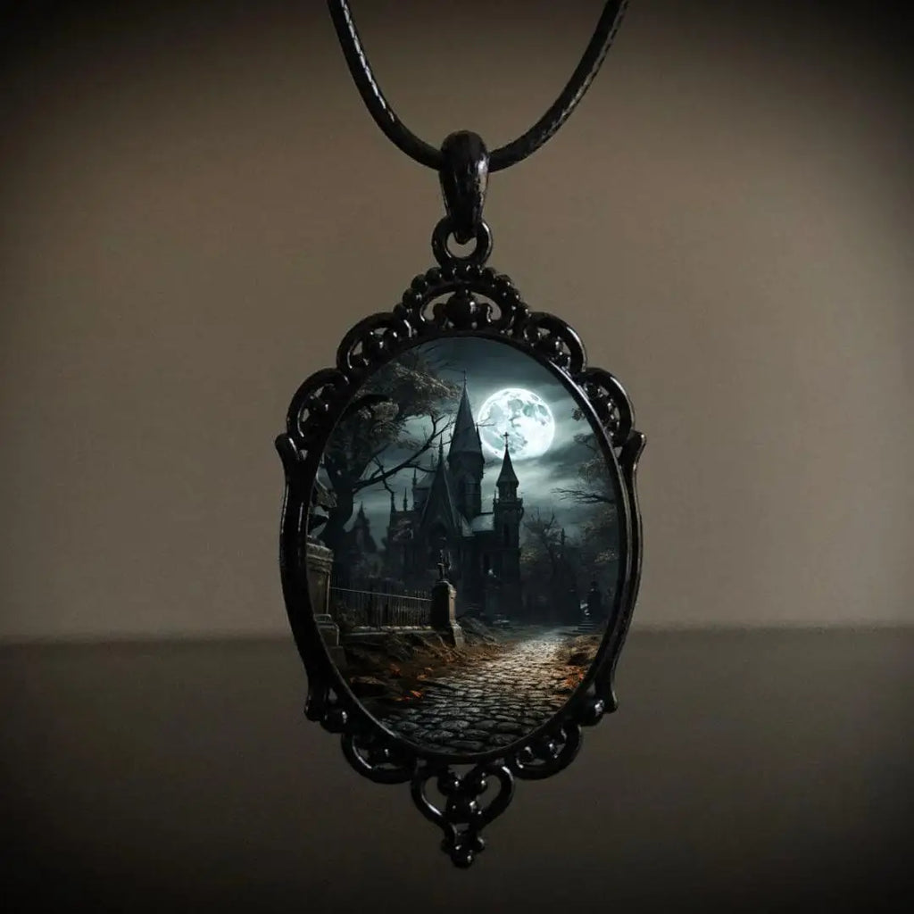 Gothic Crow Black Forest Charm Necklace Fashion Witch Jewelry Gift Pagan Cross Black Cat Skull Glass Pendant Necklace