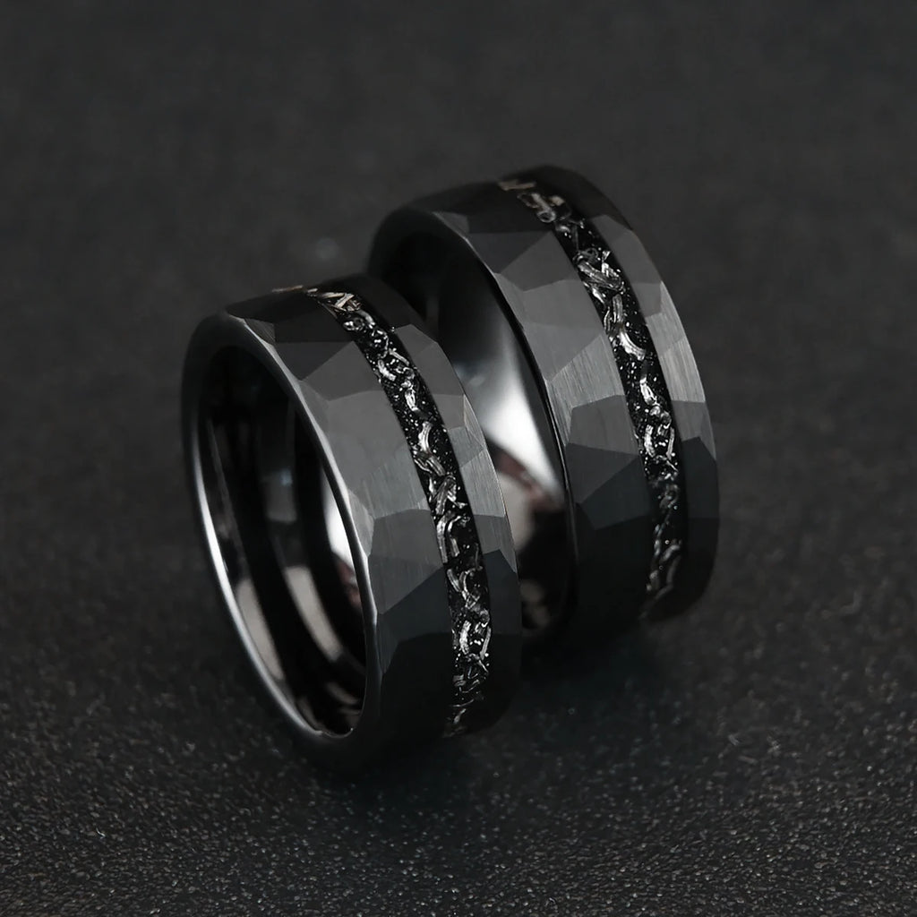 8MM Black Tungsten Men’s Wedding Bands Classic Hammered Meteorite Ring Fashion Simple Couple Promise Engagement Rings