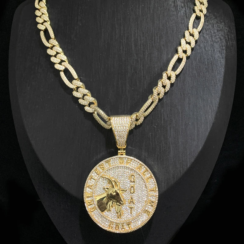 Hip Hop 5A+ CZ Stone Bling Ice Out Goat Round Pendants Necklace for Men Rapper Jewelry Gold Silver Color