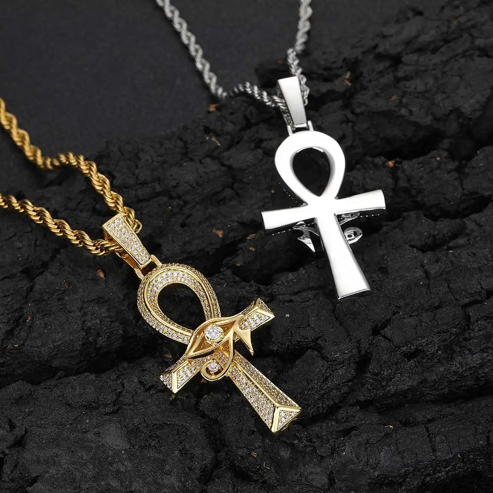Gold Cross Ankh Pendant Necklace Iced Out 18K