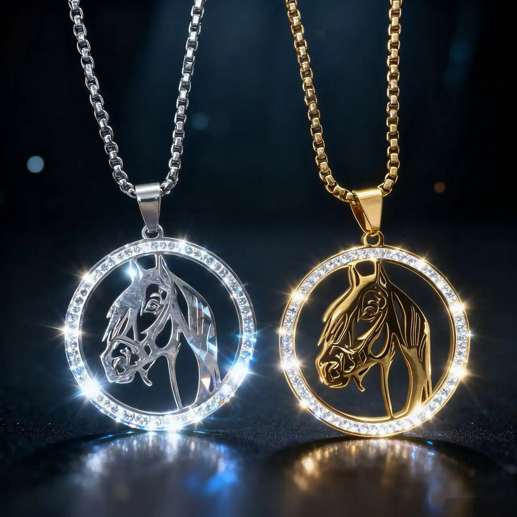 Iced Out Horse Steel Pendant Rhinestone Zodiac